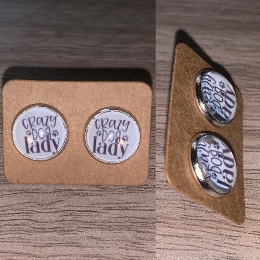 Crazy dog lady 12mm round earring set new